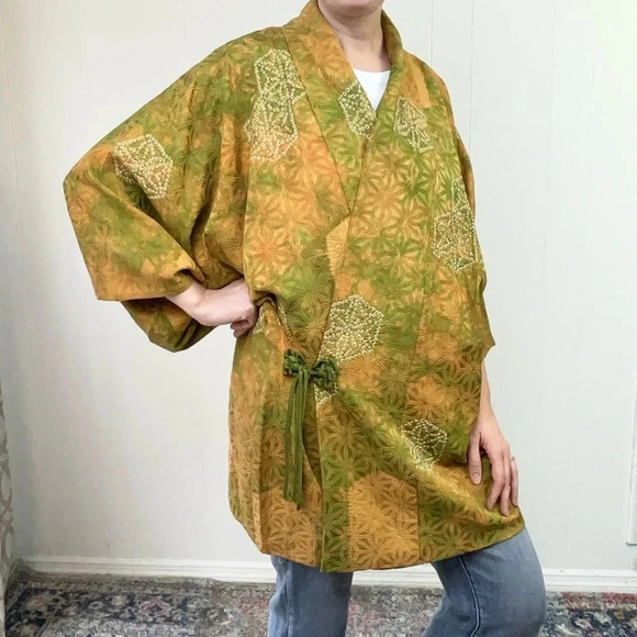KIMONO jacket Haori VINTAGE TRADITIONAL JAPANESE Silk Green Yellow Batik Tie OS - Picture 5 of 16